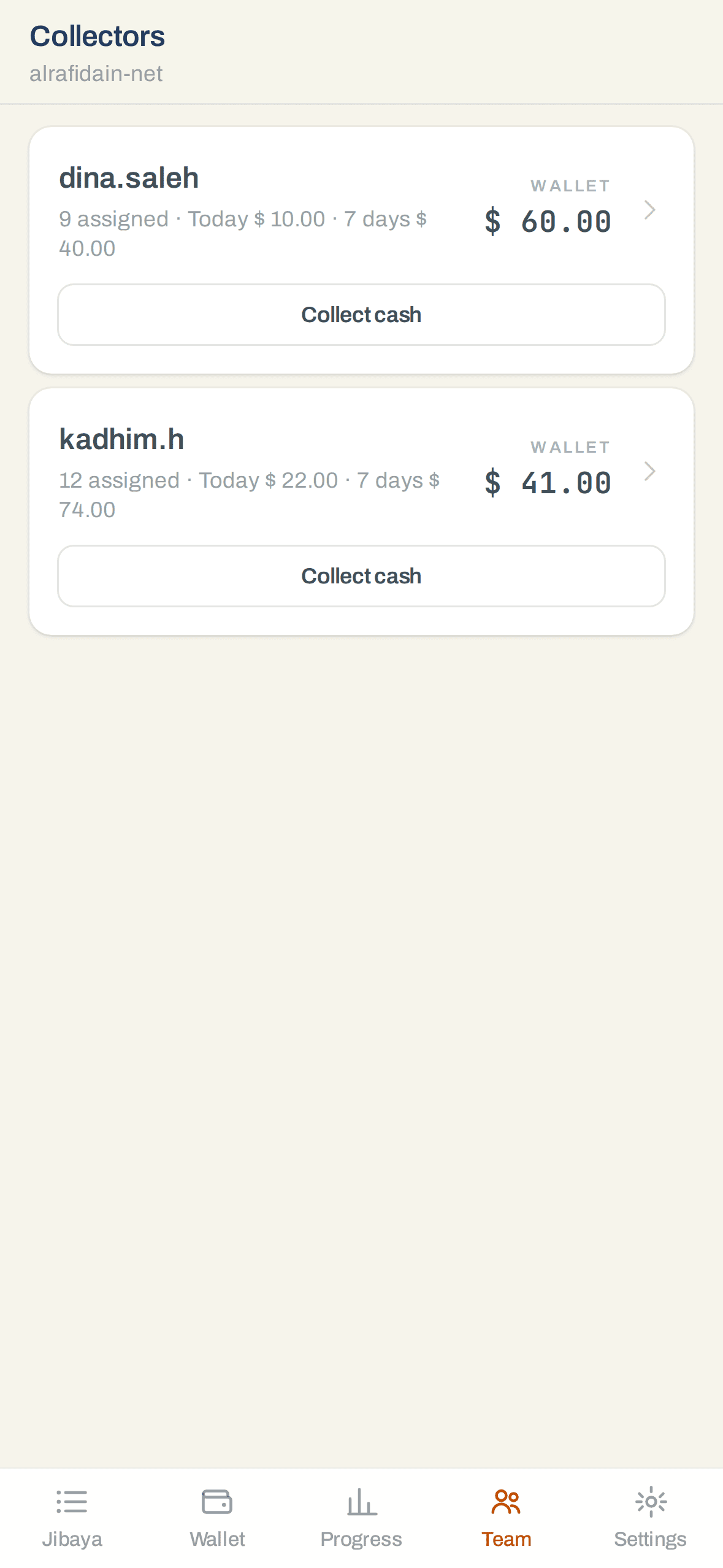 Jibaya app collectors list: each collector's wallet, today's and the week's totals, and a collect-cash button