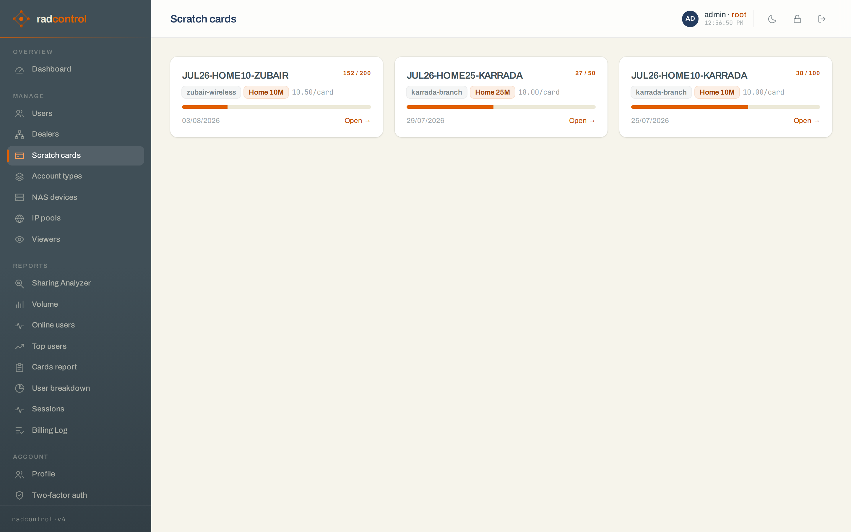 Scratch-card batches with activation progress