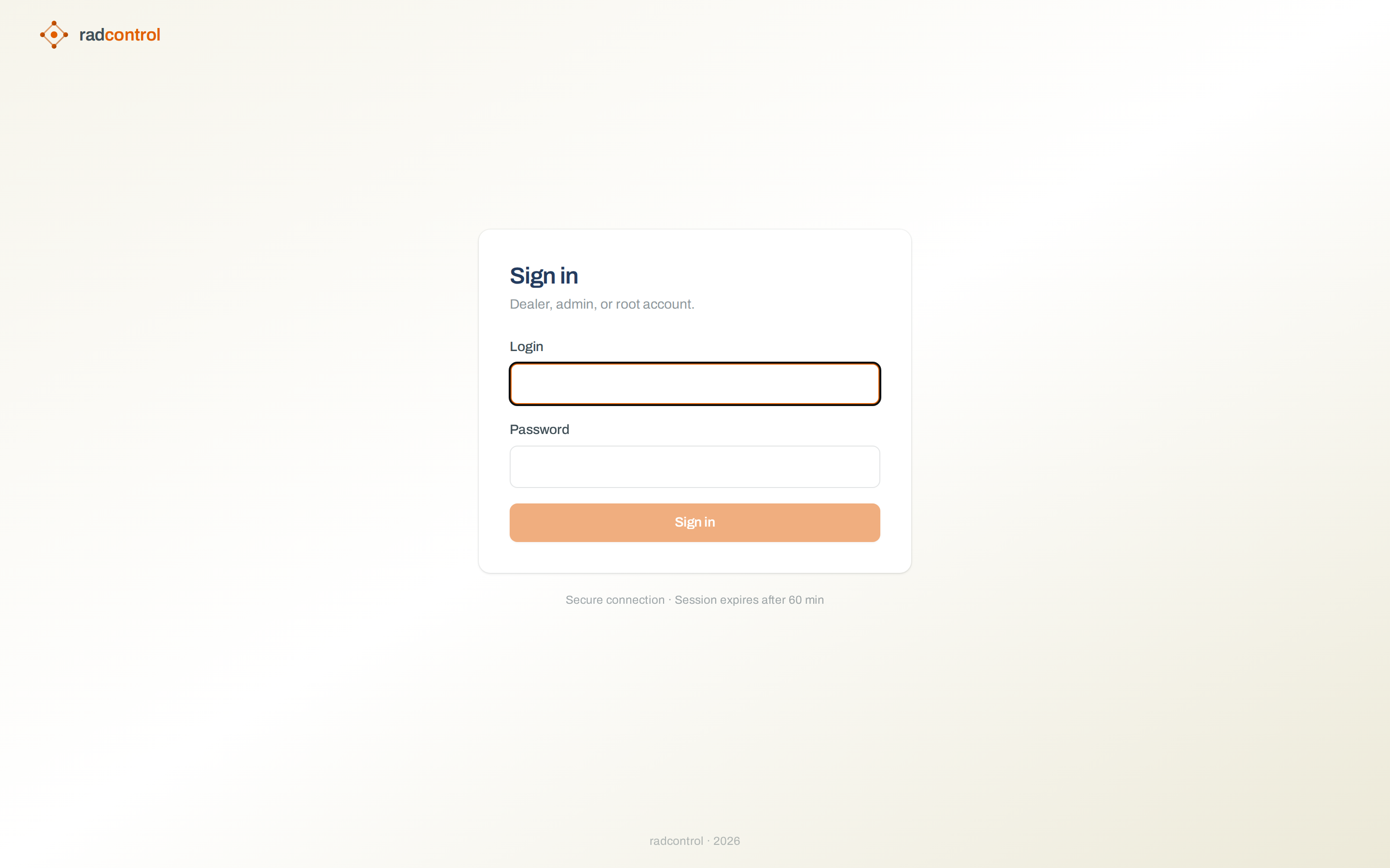 radcontrol sign-in page