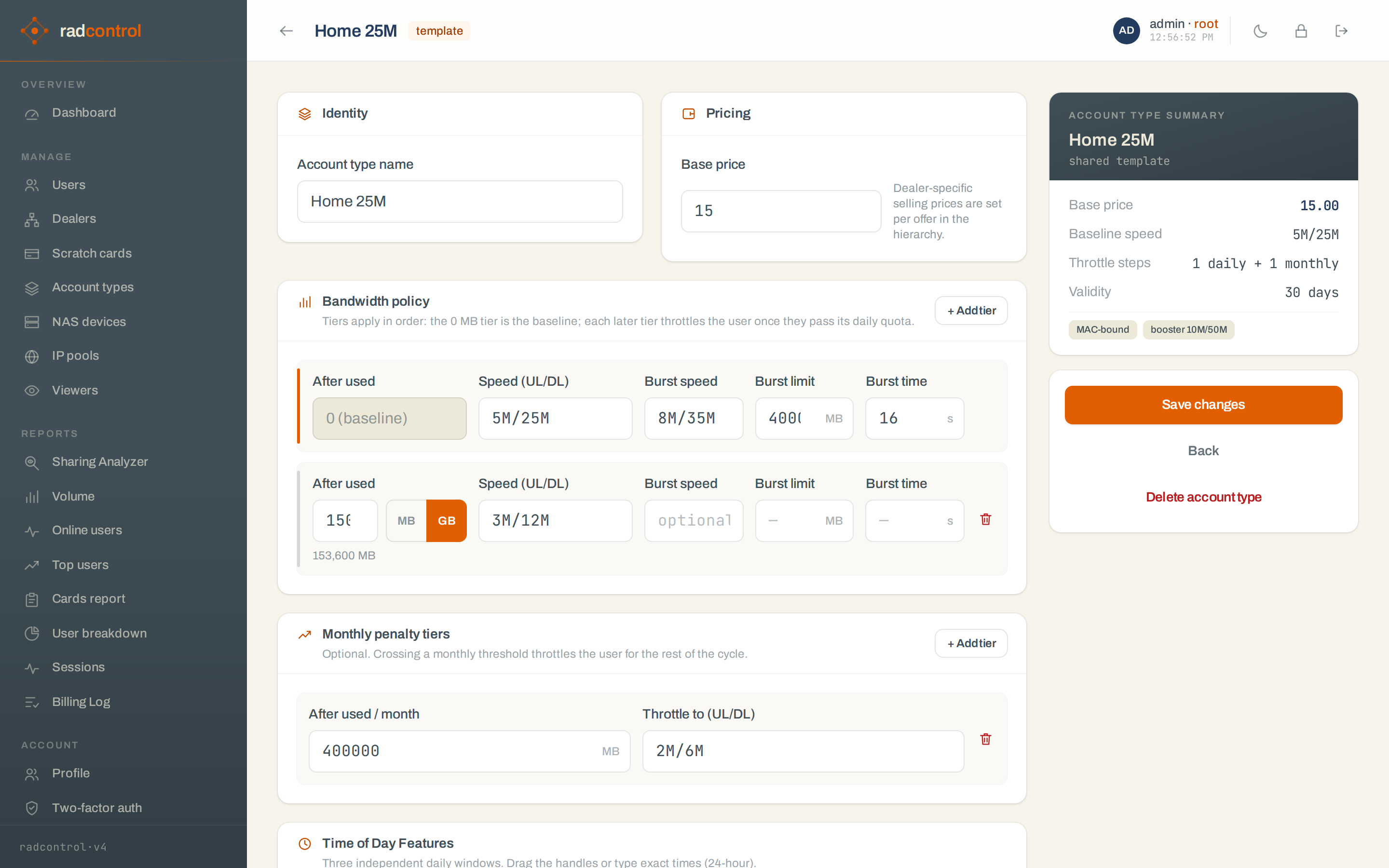 Account type editor: speeds, tiers, burst and time windows